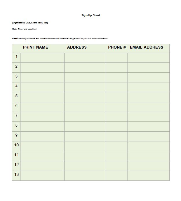 9 Free Sign Up Sheet Templates Word Excel Formats