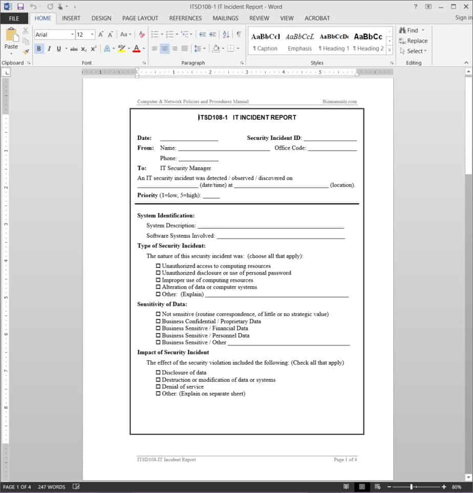 Software Incident Report Template Word